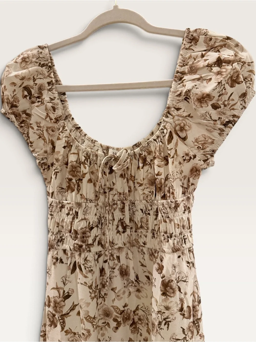 NWOT Blu Pepper Brown Floral Smocked Puff Sleeve Midi Dress Size S